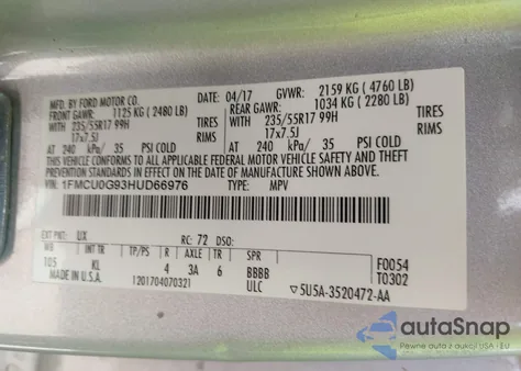 2017 Ford Escape Se from USA, damaged, VIN 1FMCU0G93HUD66976